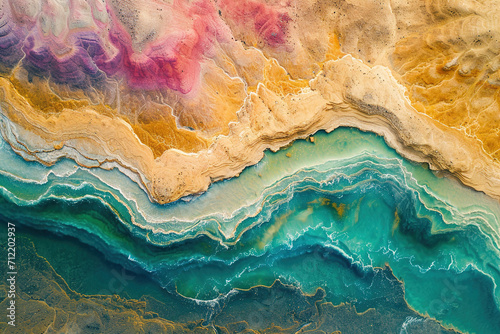 Aerial photography capturing vibrant colors in natural landscapes. Colorful river and terrains from above.