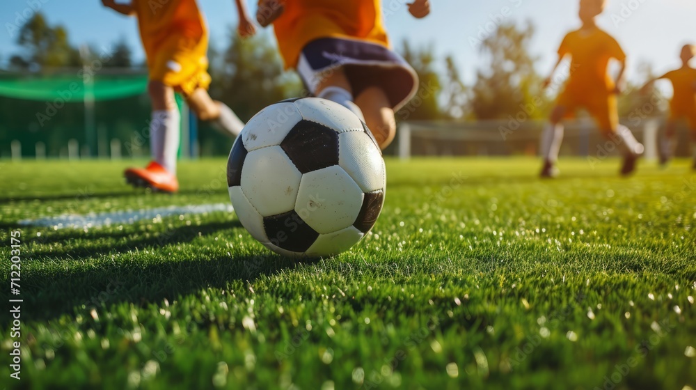 Fototapeta premium Kids soccer football - young children players match on soccer field. Banner