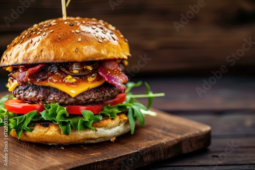 Burger with double beef cheese tomato onion bacon on wooden board Side view copy space