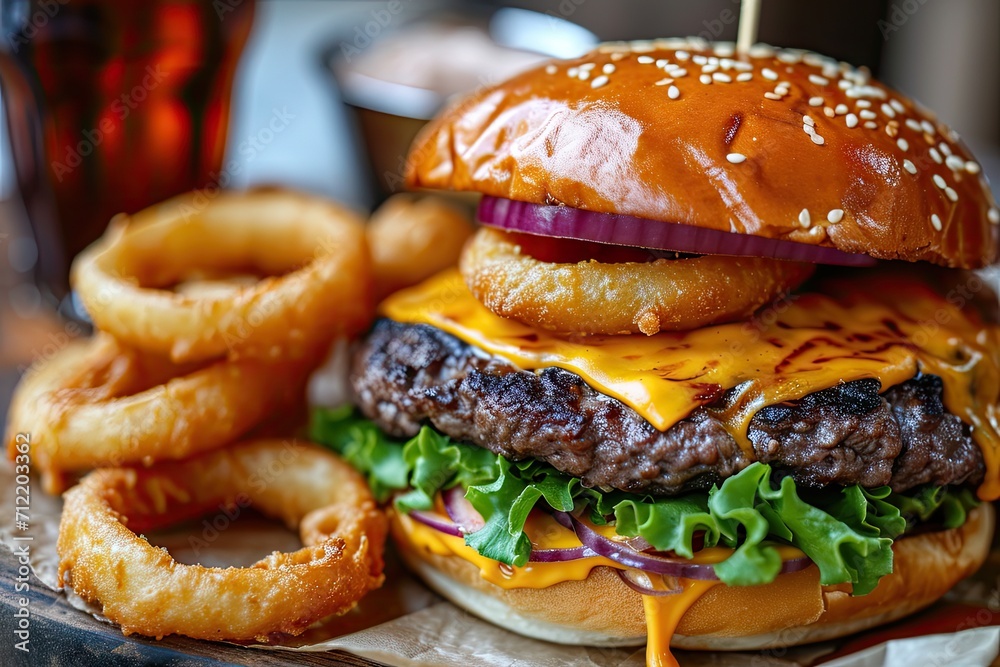 Hamburger with melted cheese grilled beef and onion rings on a plate Hamburger with melted cheese grilled beef and onion rings on a plate