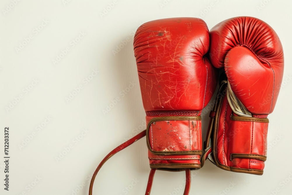 White background with hanging red boxing gloves