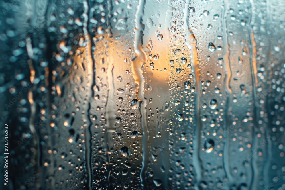 Blurred glass with cold winter rain outside