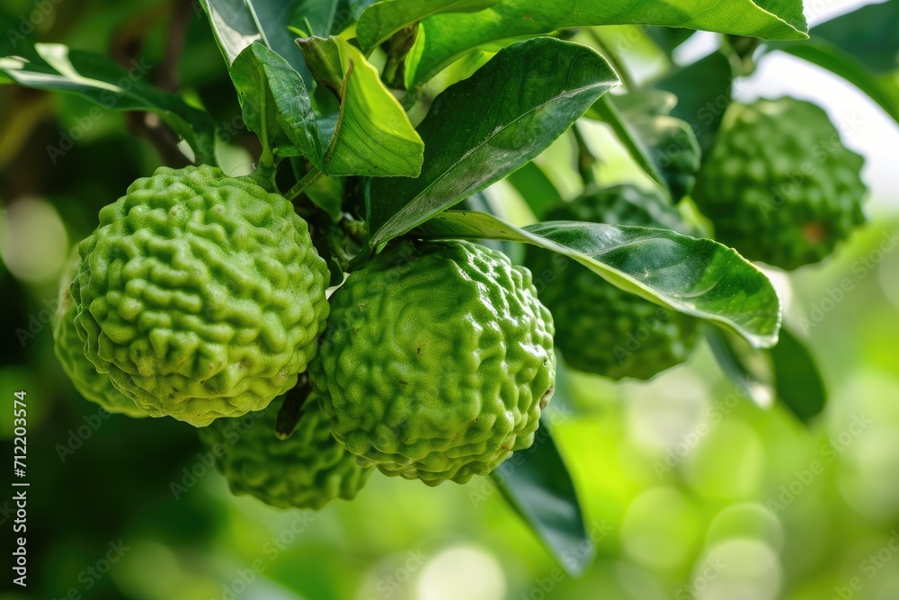 Obraz premium Group of fresh bergamot fruits hanging from a tree branch symbolizing a healthy food concept in a garden