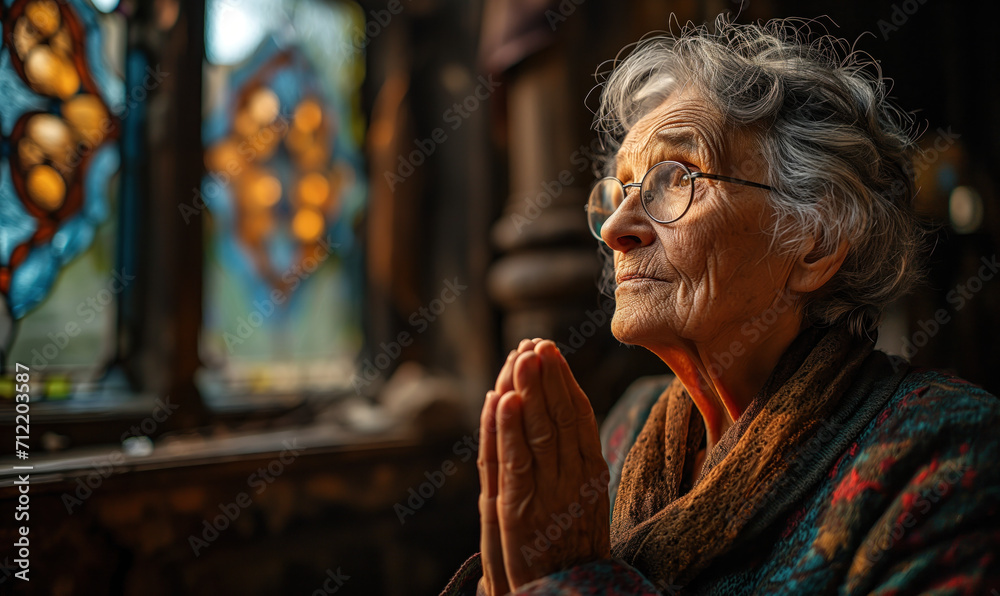 Devout elderly woman praying with closed eyes and clasped hands in a church, a serene expression of faith
