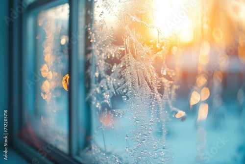 Blurry bokeh effect on PVC plastic windows frozen with ice and water for heating a home