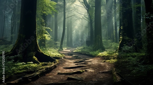 Sunlit Pathway Through Dense, Green Forest