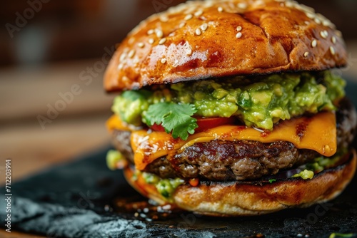 Closeup of a multilayer cheddar cheese and guacamole burger in a black dish with a wooden background photo