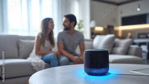 couple using smart speaker at home, smart device concept photo