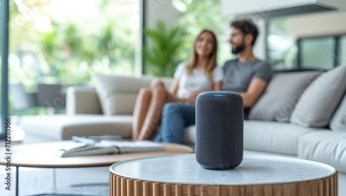couple using smart speaker at home, smart device concept photo