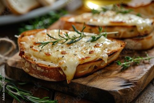 Closeup of cheese melting on a wooden surface with grilled bread