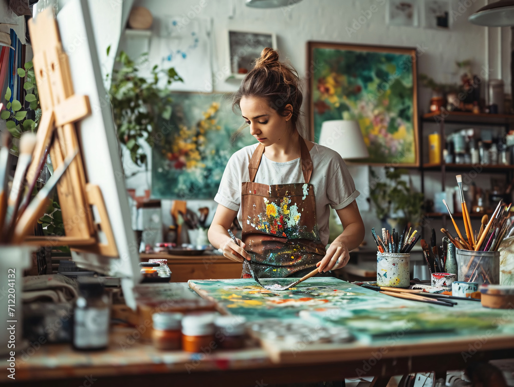Focused painter working on a colorful landscape in a cozy art studio. Artistic inspiration and painting hobby concept. Design for art workshop advertisement, creativity banner. Interior shot with a va