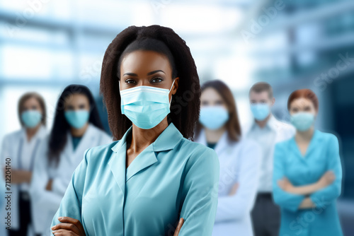 mixed race team of medical professionals doctors, nurses in hospital in face masks. medicine concept