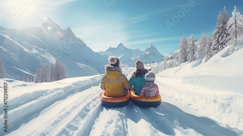 Family tubing down a snowy hill with mountain backdrop,rear view photo