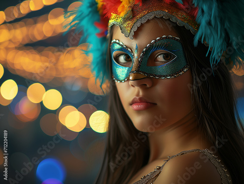A young beautiful Latin American woman in a carnival mask. New Year's holidays, carnival, birthday, Venice. Photorealistic, background with bokeh effect. 