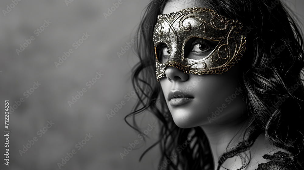 A young beautiful Latin American woman in a carnival mask. New Year's holidays, carnival, birthday, Venice. Photorealistic, monochrome, background with bokeh effect. 