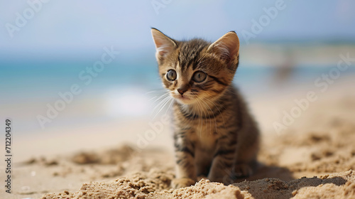 Cute kittens on the beach. Generative AI illustration