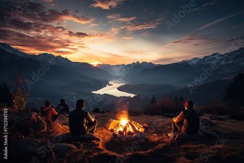 A group of friends gathered around the fire at night