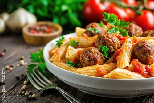 Spaghetti meatballs in tomato sauce with parsley