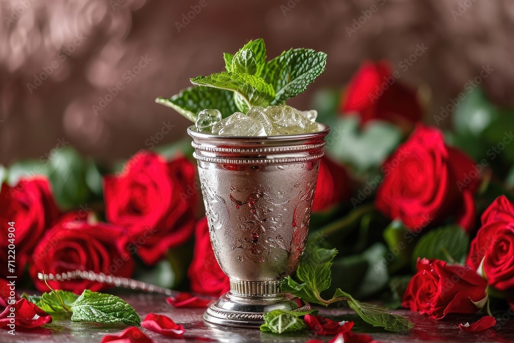 Close up of a silver cup with a mint julep red roses in the background focused - obrazy, fototapety, plakaty 