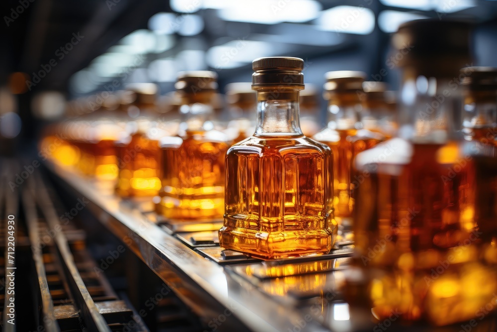 Automatic production line fills glass bottles with cognac Automatic production line fills glass bottles with cognac