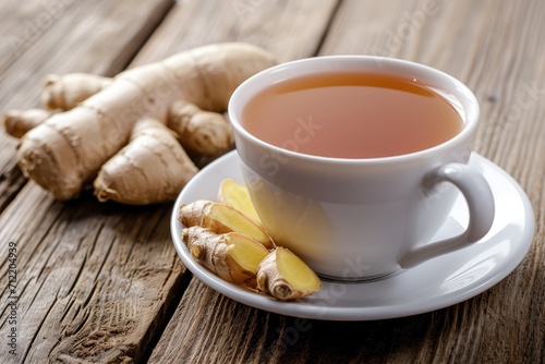 White cup beside a wooden background holding ginger tea