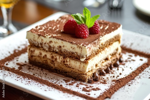 Piece of tiramisu on white plate