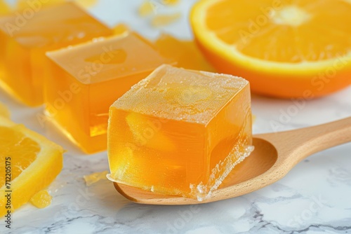 Gelatin with citrus and tropical flavor stirred with a wooden utensil