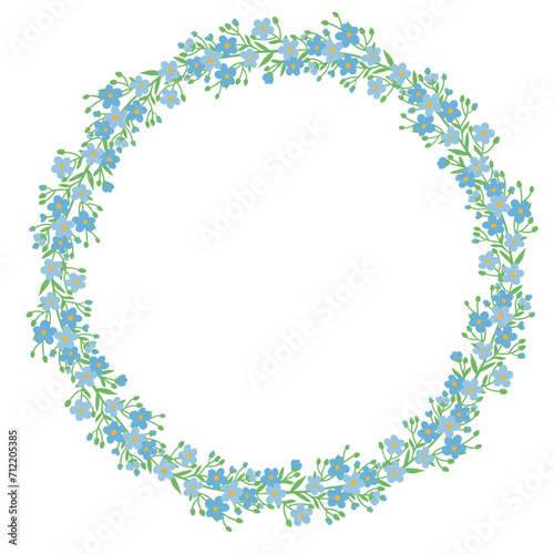 Wreath of tiny stylized blue flowers forget-me-nots on white background