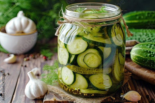 Traditional Polish dish pickled cucumbers horseradish and garlic in a glass jar