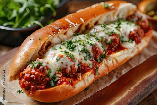 Sub sandwich with meatballs marinara mozzarella and herbs