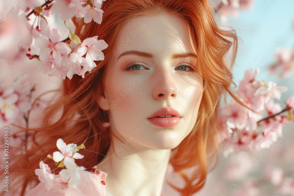 A young beautiful red-haired woman stands near a branching spring blossoming apple trees. Spring season concept.