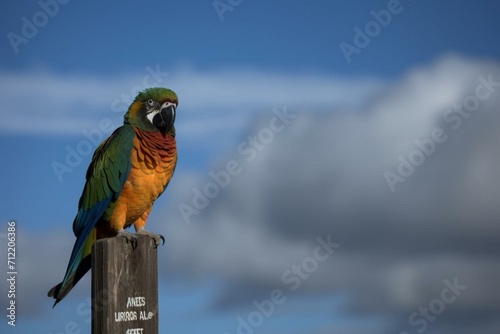 Colorful parrot perched on the edge of a sign. Generative AI