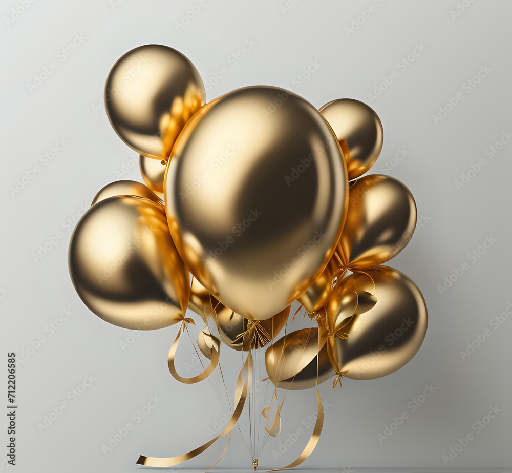 3D Realistic Helium Gold Balloons Isolated., party elements, realistic design, balloon bunch, shiny balloons, gold accents,
