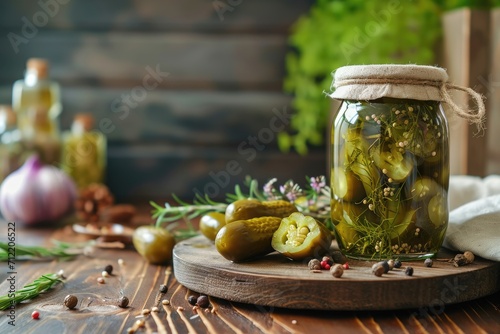 Selective focus on rustic wooden table showing bowl and glass jar of pickled gherkins with spices