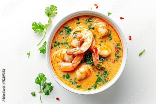 Top view of Spicy Thai Prawn Coconut Milk soup on white background