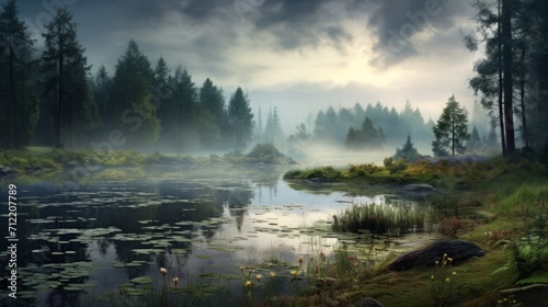 Mystical Sunrise Over Foggy Forested Lake © Misro