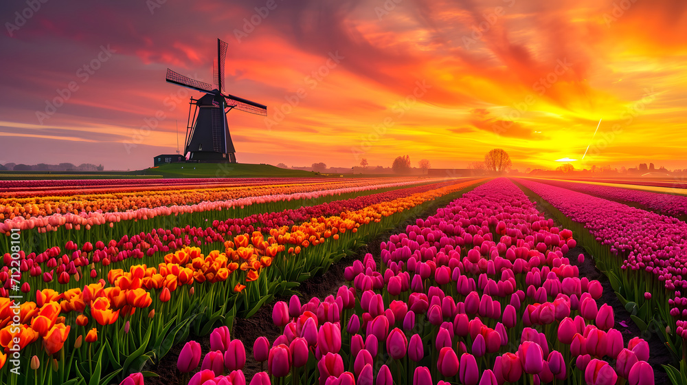 Sunset splendor over Dutch tulip fields with windmill horizon