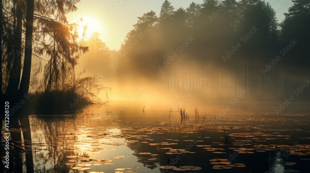 Fototapeta premium Mystical Sunrise Over Foggy Forested Lake