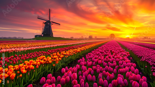 Sunset splendor over Dutch tulip fields with windmill horizon #712208101