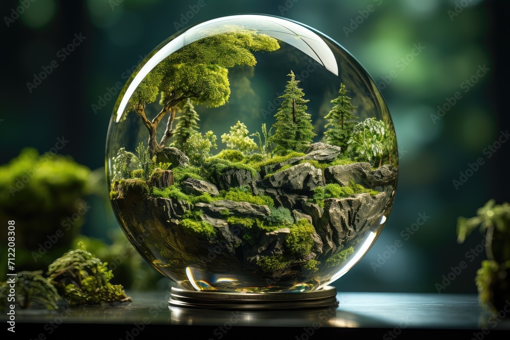 Environment Concept - Globe Glass In Green Forest With modern city inside. Ecology and green world concept.