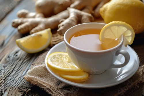Cup holds ginger tea with lemon