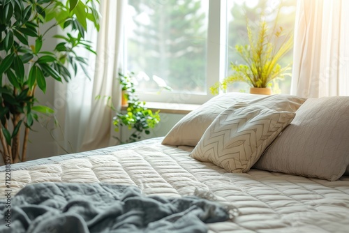Healthy sleep is ensured by a comfortable bed and new mattress located near a window in the room