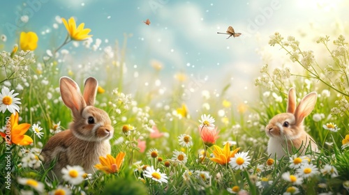 Sunbeams, wildflowers, and cheerful animals in a picturesque Easter landscape