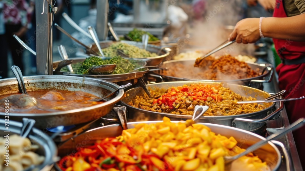 Street food stalls featuring a variety of spicy and flavorful international culinary offerings