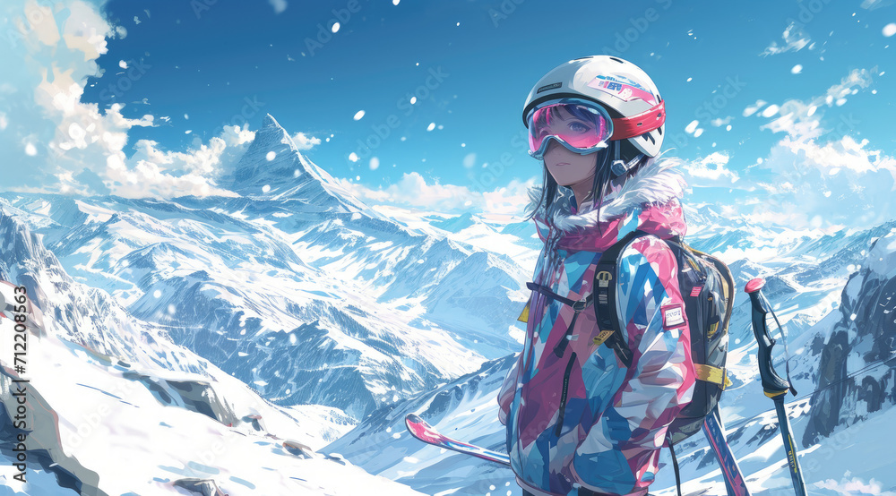 an anime girl is carrying a snowboard up a hill