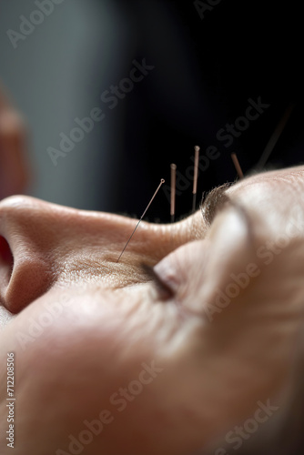 Acupuncture sessions with close-ups of the process on the head.