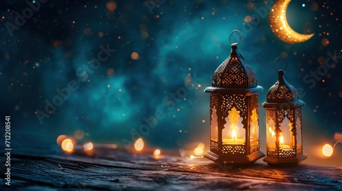 Ramadan ambiance with glowing lanterns, crescent moons, and starry brilliance with copy space © olegganko