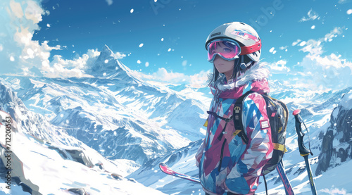 an anime girl is carrying a snowboard up a hill