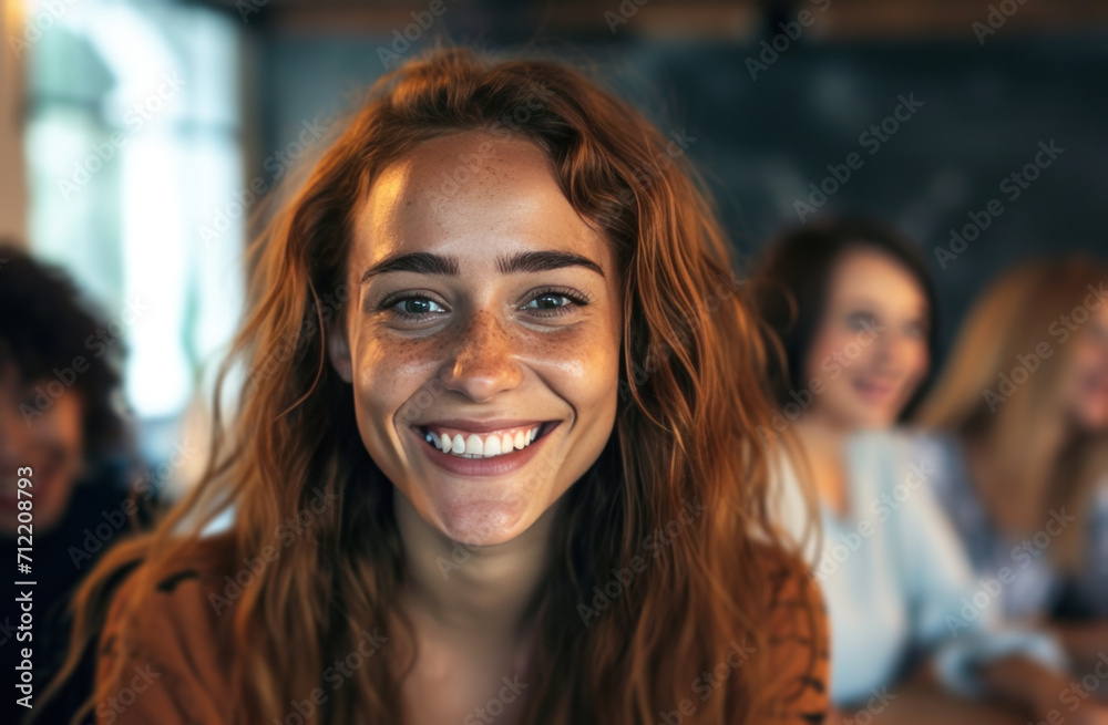 young women smiling at the camera in a conference room