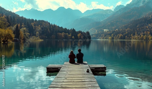Fototapeta Naklejka Na Ścianę i Meble -  two people sitting on a dock looking out over lake